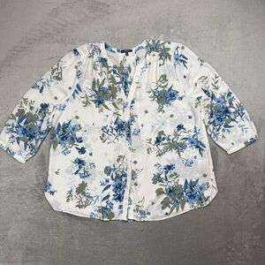 NYDJ Top Womens XL White Floral Pintuck Blouse Casual Career Hidden Button Front